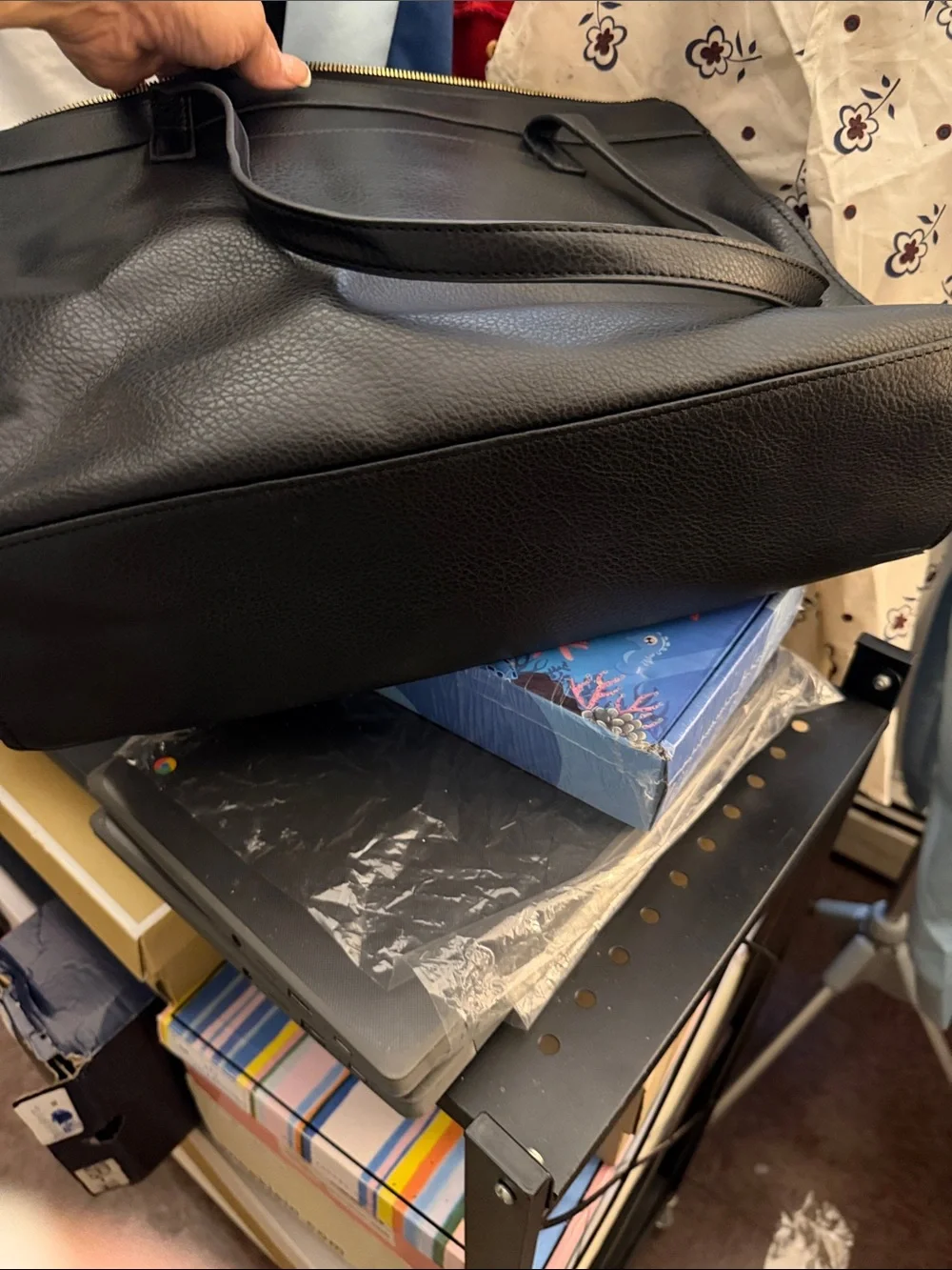 London Fog Black Leather Brief Tote with Front Buckle Pocket